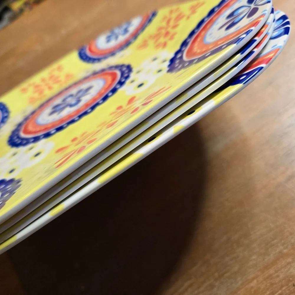 QSquared Melamine Square Plates Set‎ of 4 Yellow Blue Boho Medallion Summer Fun